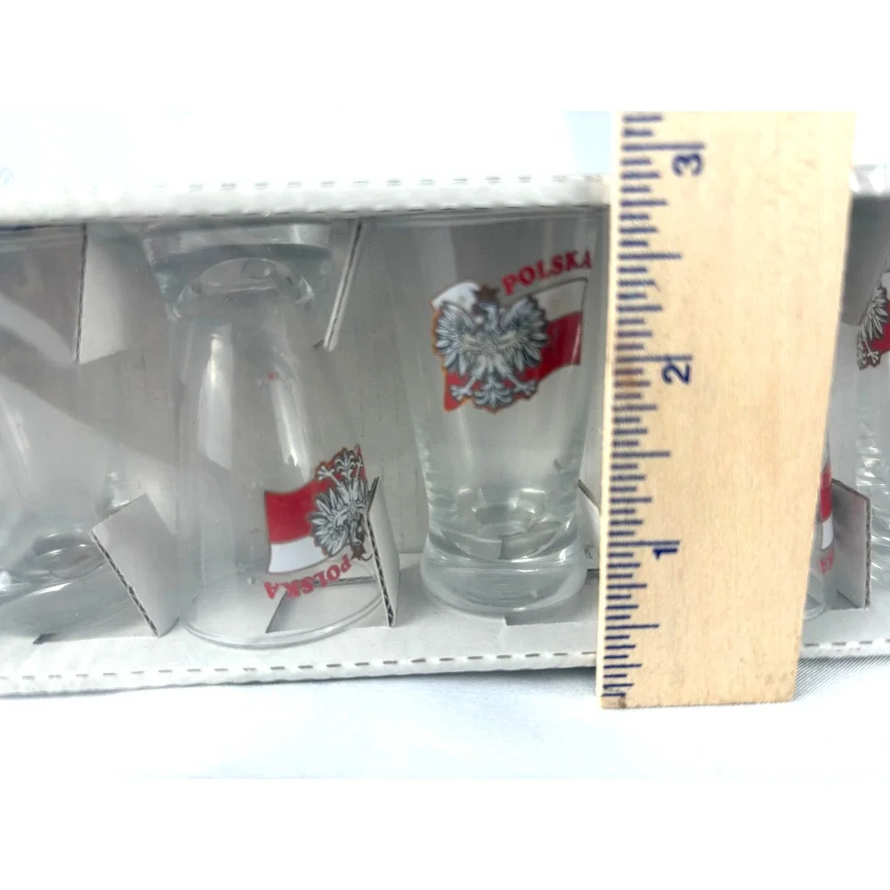 POLSKA Poland Shot Glass Set Lot of 6 White Eagle Flag Souvenir Gift Boxed